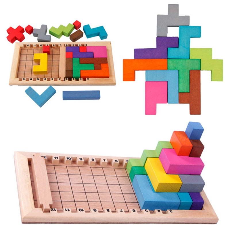 Gioco In Legno Tetris 3D Per Bambini, Puzzle Educativo Montessori Con 10 Carte E Blocchi Colorati, Giocattolo Impilabile Dai 3 Anni