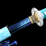 Handmade Japanese Katana Sword with blue blade and scabbard