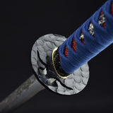 Handmade Japanese Katana Sword with silver blade and blue pattern scabbard
