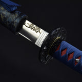 Handmade Japanese Katana Sword with silver blade and blue pattern scabbard