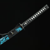 Handmade Japanese Katana Sword with blue blade and blue pattern scabbard