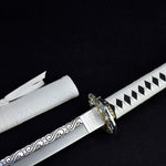 Handmade Japanese Katana Sword with silver blade and white scabbard
