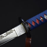 Handmade Japanese Katana Sword with silver blade and blue pattern scabbard