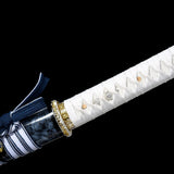 Handmade Japanese Katana Sword with silver blade and blue scabbard